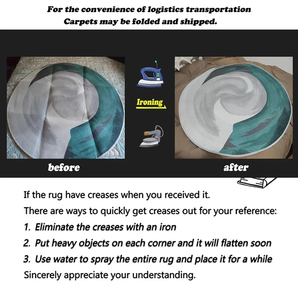 Instructions for flattening a folded rug using an iron, with 'before' and 'after' images.