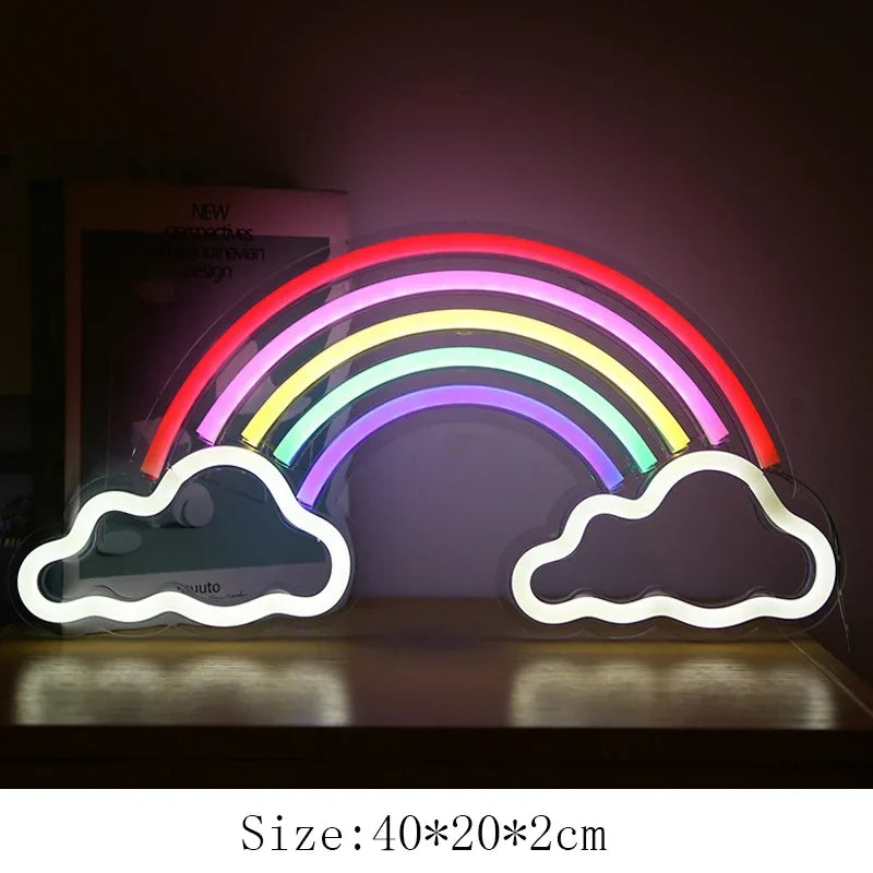 a neon sign with a rainbow in the background