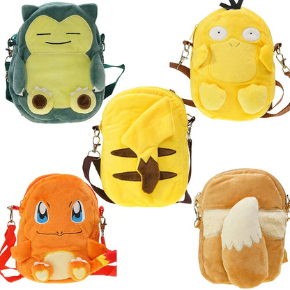 Backpacks featuring Pokemon such as Pikachu, Eevee, Charmander, Snorlax, and Psyduck