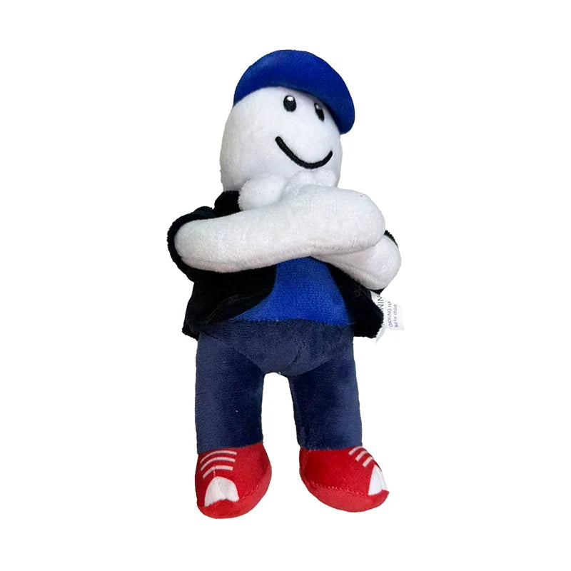 Plush toy with a blue cap, black jacket, blue pants, and red shoes on a white background