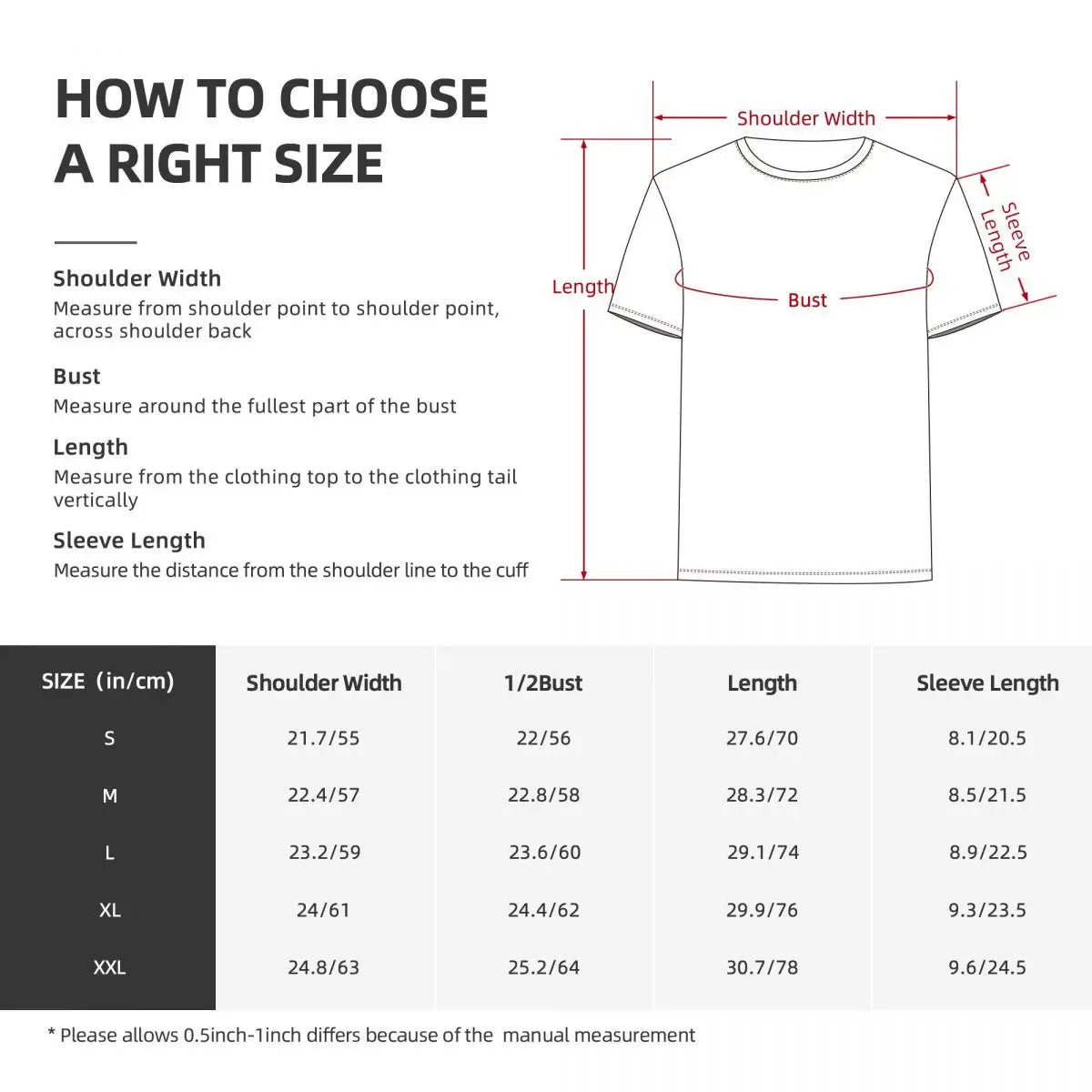 Guide on how to choose the right size for a t-shirt with measurements and chart.