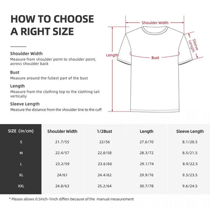 Guide on how to choose the right size for a t-shirt with measurements and chart.