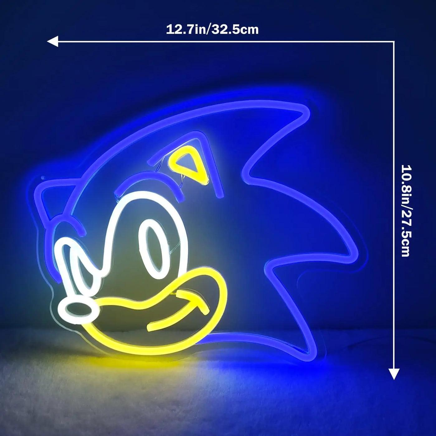 a blue neon sign with a sonic face on it