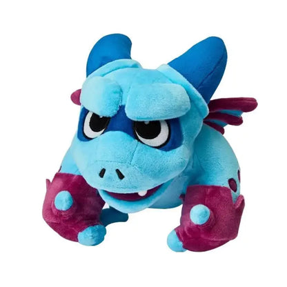 Blue and pink plush toy on a white background