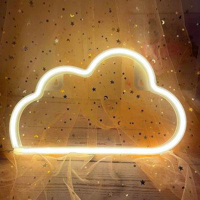 a neon cloud with stars on a wooden surface