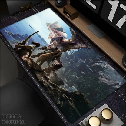 Monster Hunter World Alfombrilla de Ratón Alfombras de Mesa Teclado de Goma Kawaii XXL 90x40cm Alfombrilla Antideslizante