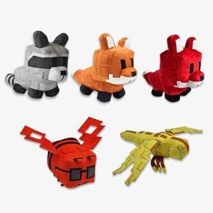 Five plush toys shaped like animals on a white background