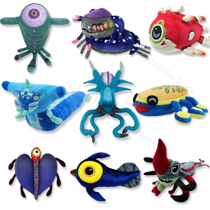 Collection of colorful plush toys resembling marine creatures on a white background