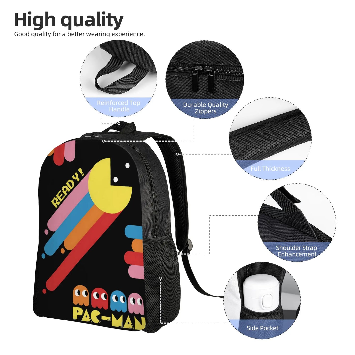 Pac-Man backpack with quality features highlighted on a white background