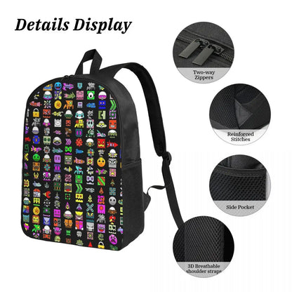 Black backpack with a colorful grid pattern of cartoon and gaming icons on the front, shown with detail callouts highlighting zippers, reinforced stitching, side pocket, and breathable shoulder strap.