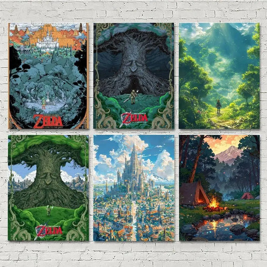 Six framed or mounted fantasy art prints arranged in a 2x3 grid on a white brick wall. The prints feature Zelda-themed scenes: a castle in a forest, a giant tree with a figure beneath it, a sunlit green forest path, a cityscape with a tree and castle, and a campfire scene with mountains in the distance.