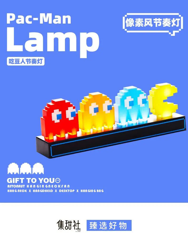 Pac-Man lamp with colorful characters on a blue background