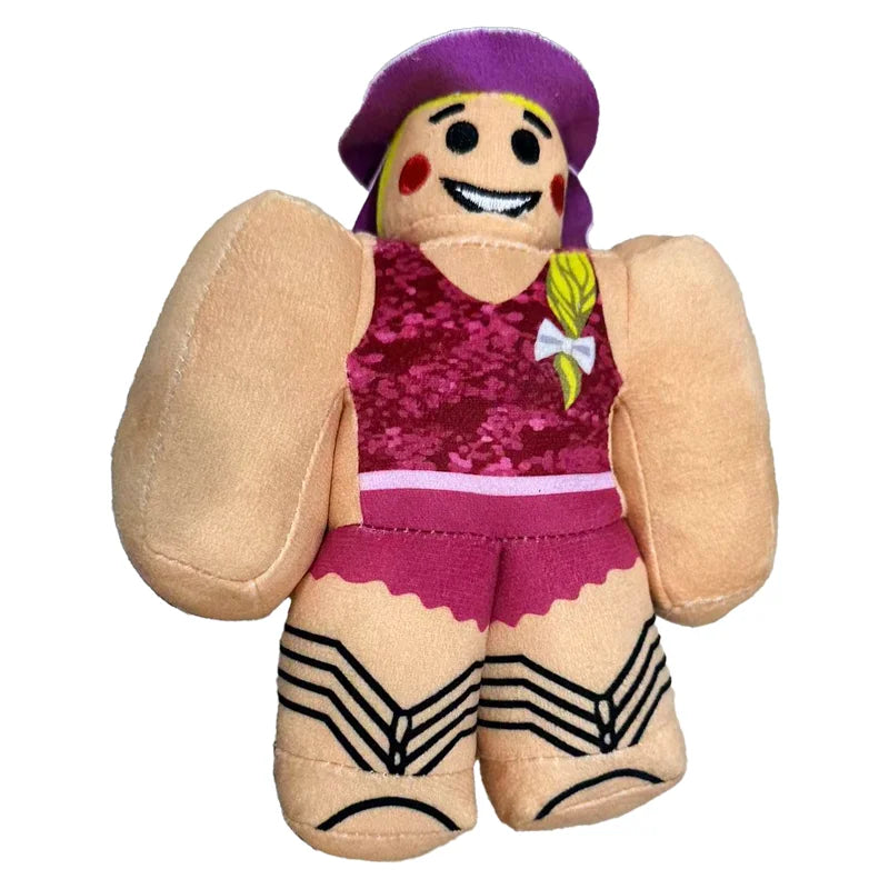 Plush toy figure with a pink outfit and purple hat on a white background
