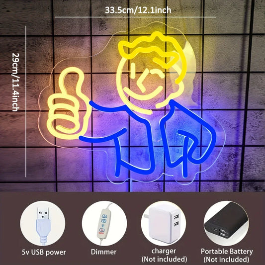 Neon sign of a person giving a thumbs up with dimensions and power supply options displayed.