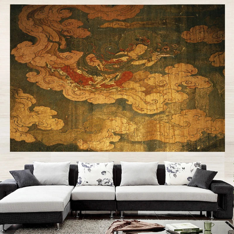 A large wall mural featuring a traditional Chinese-style painting with golden clouds and a dragon on a dark background, displayed above a modern white and black sectional sofa in a living room setting.