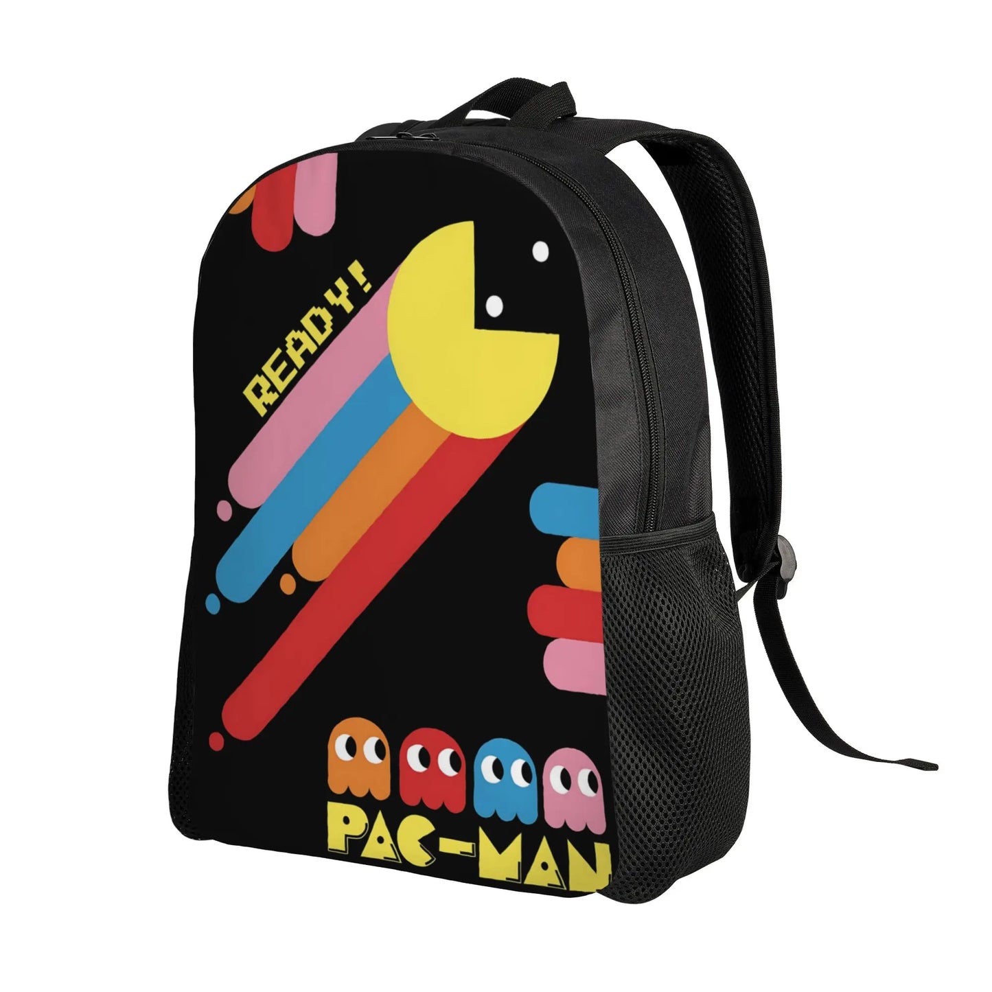 Black backpack with Pac-Man graphics on a white background