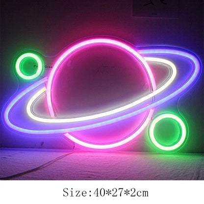 a picture of a neon sign with a saturn on it
