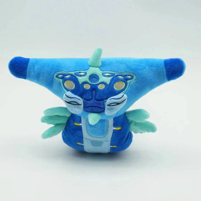 Blue and green plush toy with a star-like design on a white background