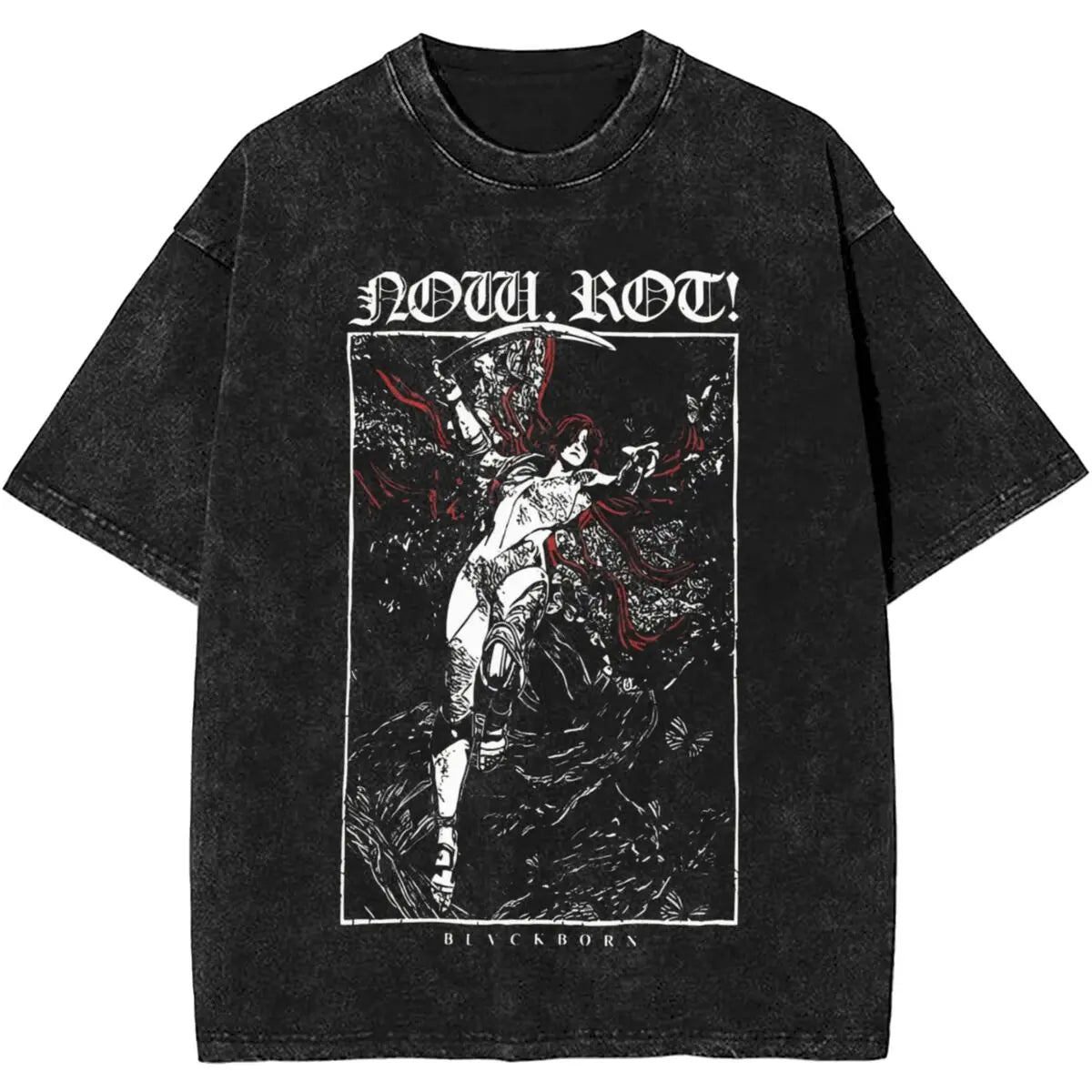 Black t-shirt with graphic design and text on a white background