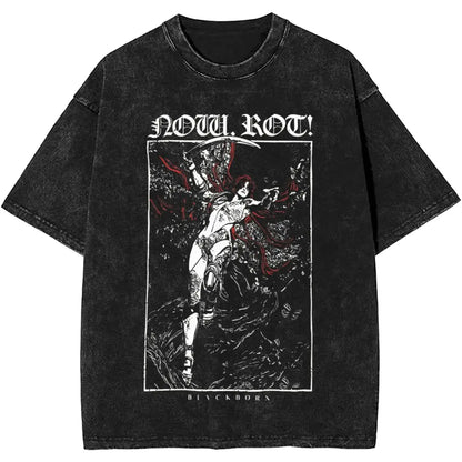 Black t-shirt with graphic design and text on a white background
