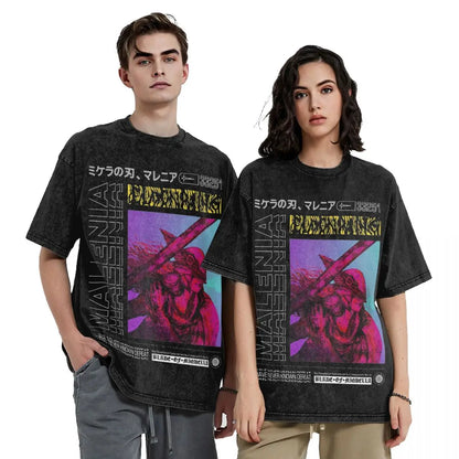 Two people wearing black t-shirts with graphic designs and text.