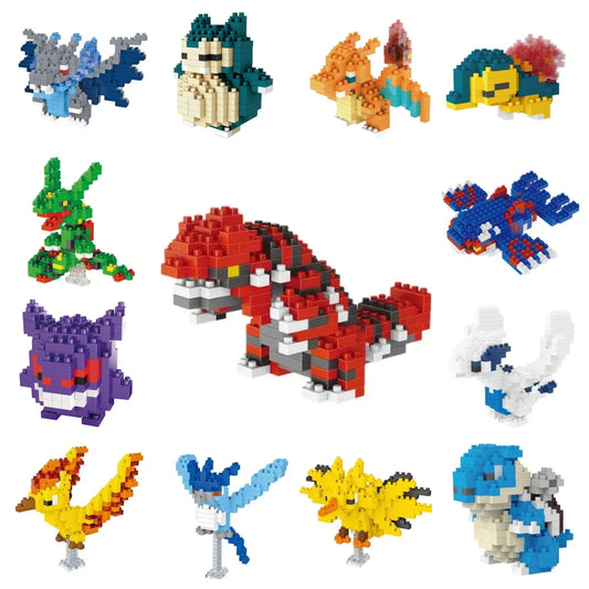 Pokemon Small Blocks Nanoblocks, featuring models of Charizard, Kyogre, Groudon, and Rayquaza, are educational and visually engaging toys, ideal for children's birthday presents.