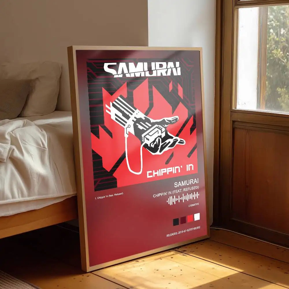 A framed music poster for the song 'Chippin' In' by Samurai, leaning against a wall in a bedroom next to a bed and window.