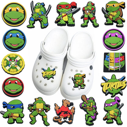 Set of Teenage Mutant Ninja Turtles-themed shoe charms on a white background
