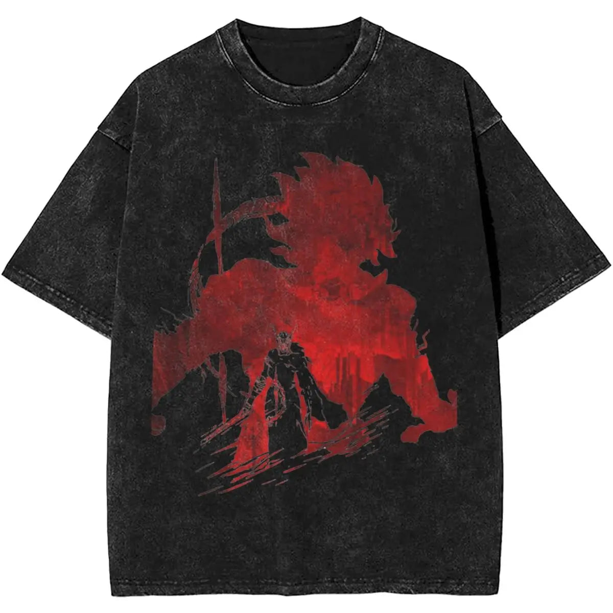 Black t-shirt with red graphic design on a white background