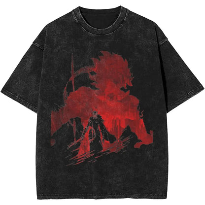 Black t-shirt with red graphic design on a white background