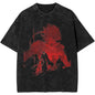 Black t-shirt with red graphic design on a white background