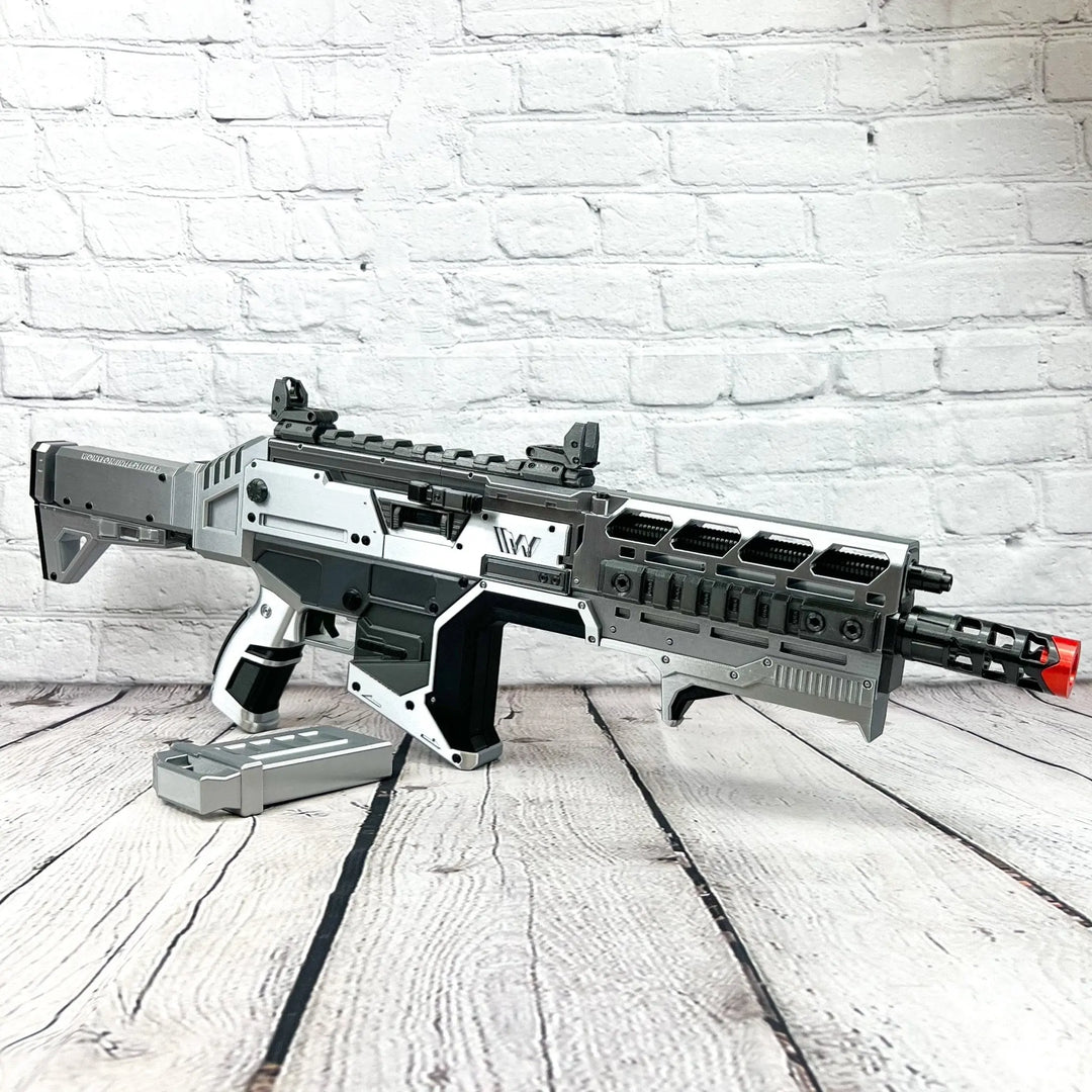 Futuristic Apex Legends Hemlok Burst AR Silver toy assault rifle in white and gray