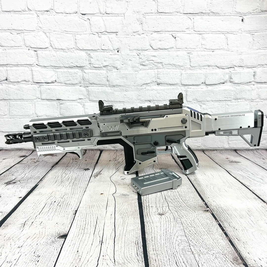 Futuristic Hemlok Burst AR Silver from Apex Legends with multiple attachments showcased