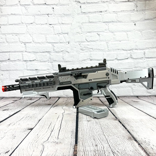 Futuristic Apex Legends Hemlok Burst AR Silver toy assault rifle in white and gray