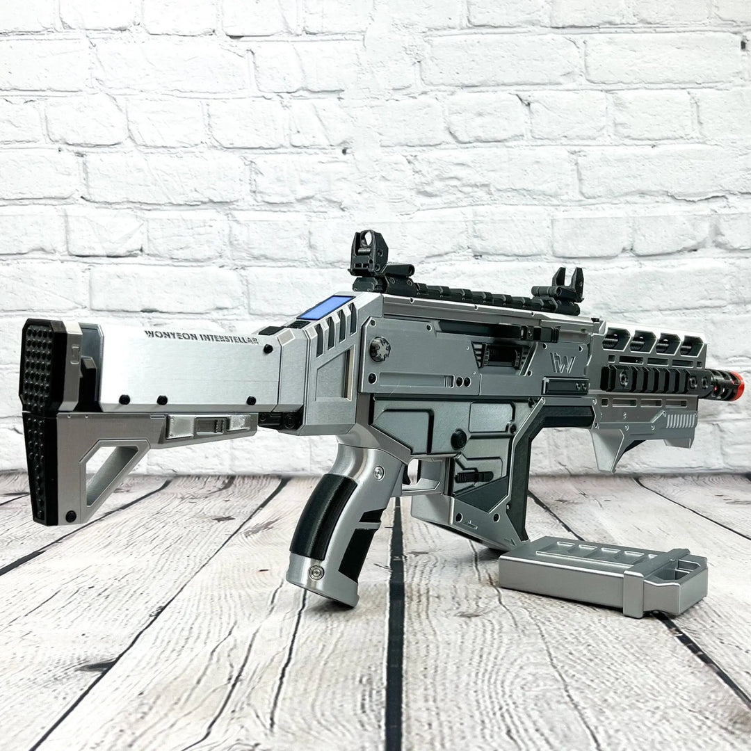 Futuristic gray and blue Apex Legends Prop Hemlok Burst AR Silver toy rifle with attachments