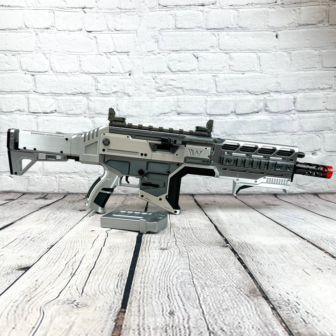 Futuristic Hemlok Burst AR Silver from Apex Legends in sleek gray and black design