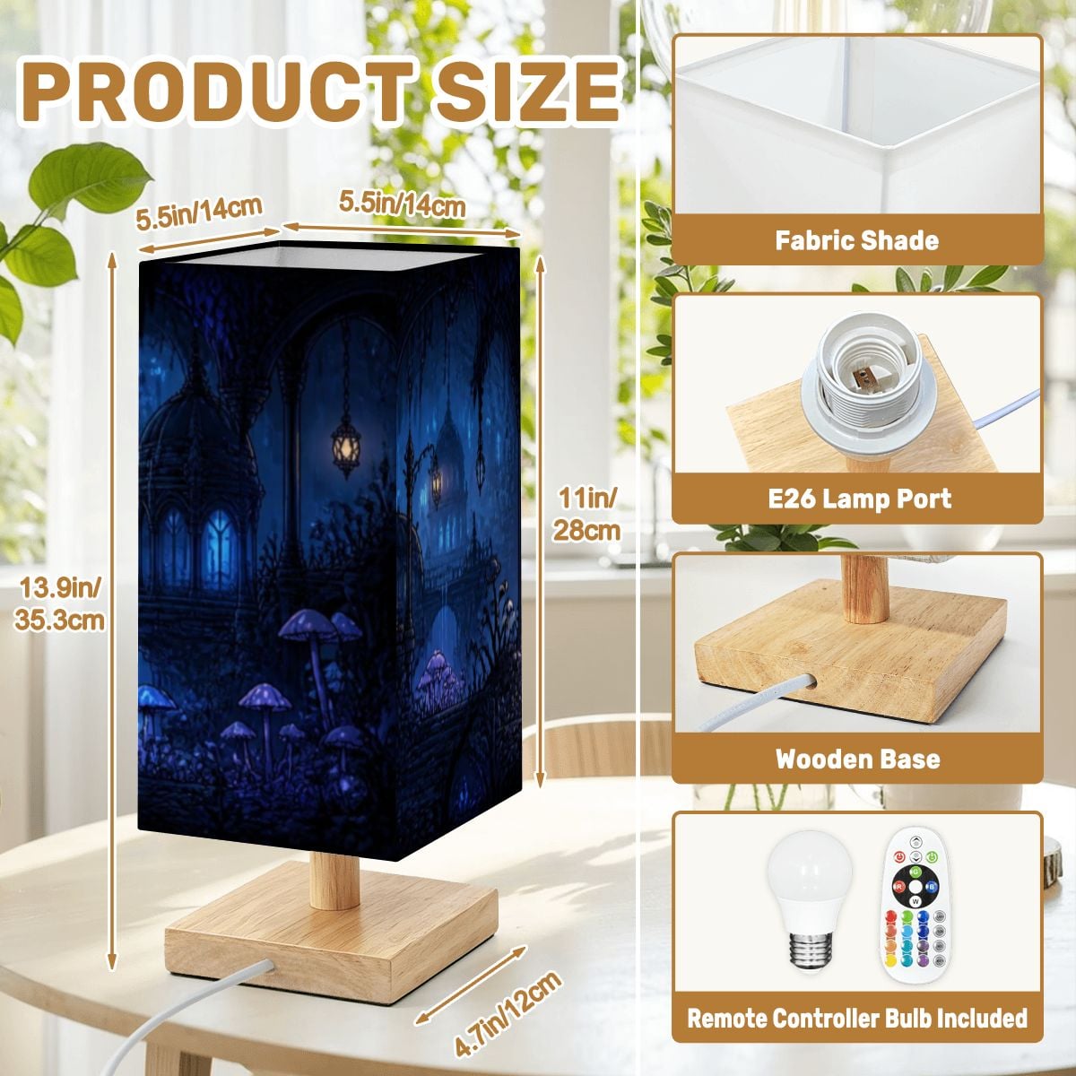 A product size infographic for a table lamp. The main panel shows the lamp on a wooden base with dimension lines and measurements (5.