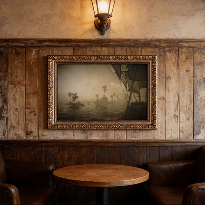 A framed sepia-toned painting of a ship and palm trees hangs on a rustic wood-paneled wall above a round wooden table in a cozy interior setting.