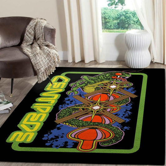 Retro Centipede video game area rug featuring vibrant arcade design, perfect for gaming enthusiasts and vintage decor lovers.