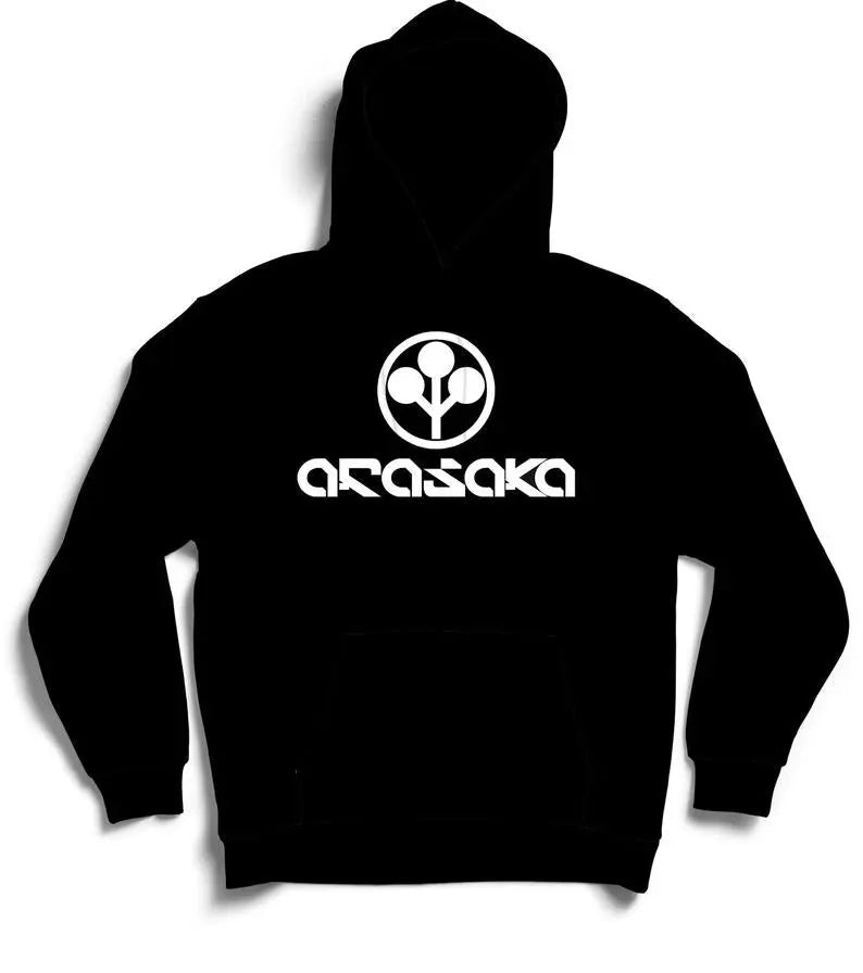 Black hoodie featuring Arasaka logo from Cyberpunk 2077, highlighting futuristic gaming merchandise style.