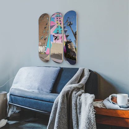 3-Panel Maple Wood Skateboard Wall Art - Made in USA, 31x25 Inch Gaming Room Decor