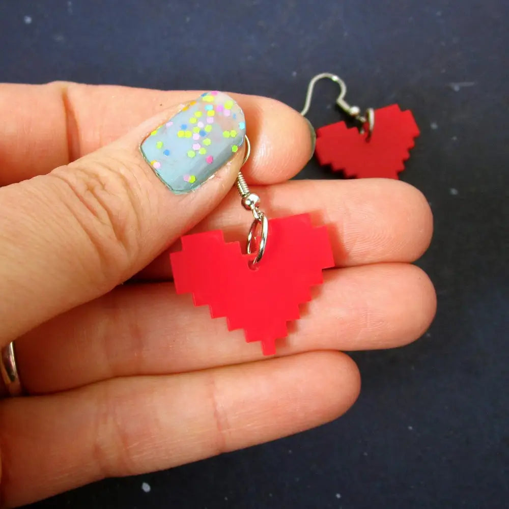 8 Bit Pixel Earrings - Handmade Red Gamer Heart Hypoallergenic Nickel Free Jewelry Jewelry