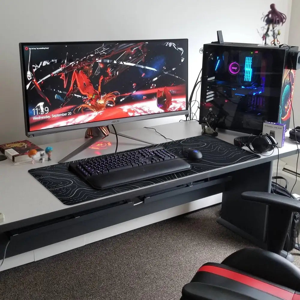 Gaming Mouse Pad Large 31.5 x 11.8in Topographic Keyboard Mousepad for Non-Slip Base and Stitched Edge, Extended Desk Pad XL Desk Mat (Black)