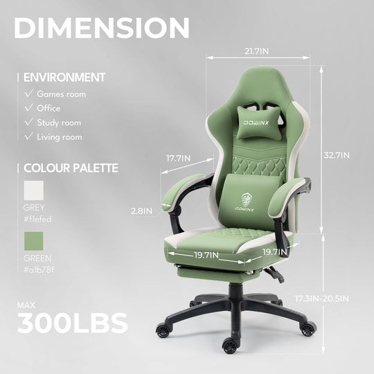 Dowinx Gaming Chair Breathable Fabric Computer Chair with Pocket Spring Cushion, Comfortable Office Chair with Gel Pad and Storage Bag,Massage Game Chair with Footrest,Green - Gapo Goods - 