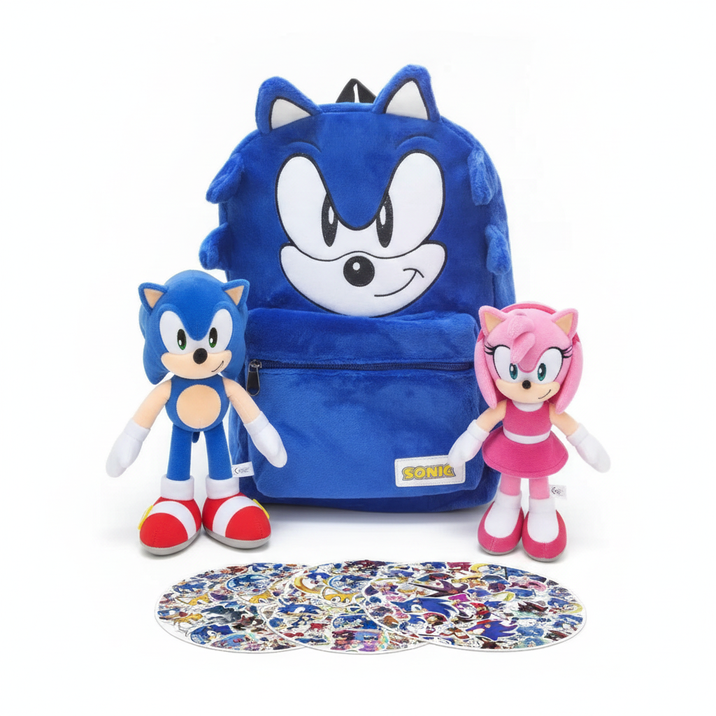 Sonic Backpack, Stickers & 3-Pack Plush Bundle
