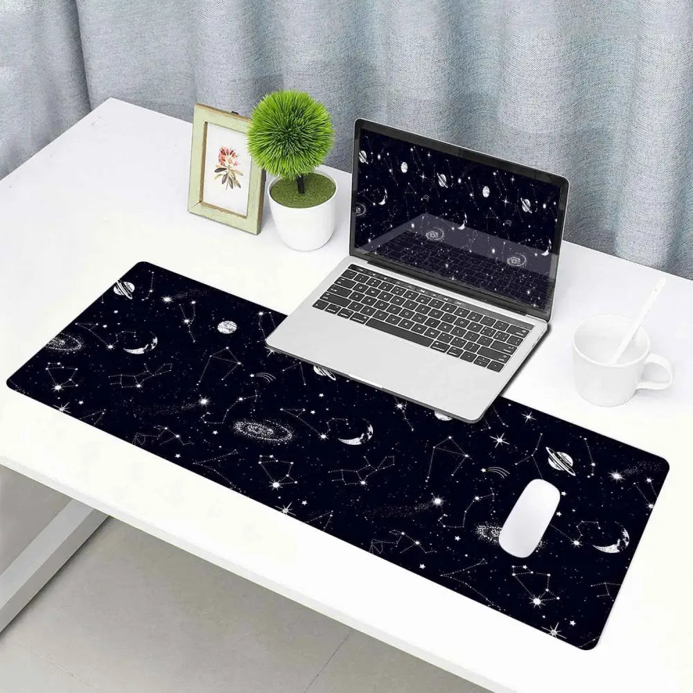 Large Gaming Mouse Pad - Extended Keyboard Pad with Stitched Edges | Black Constellation Design Mousepad