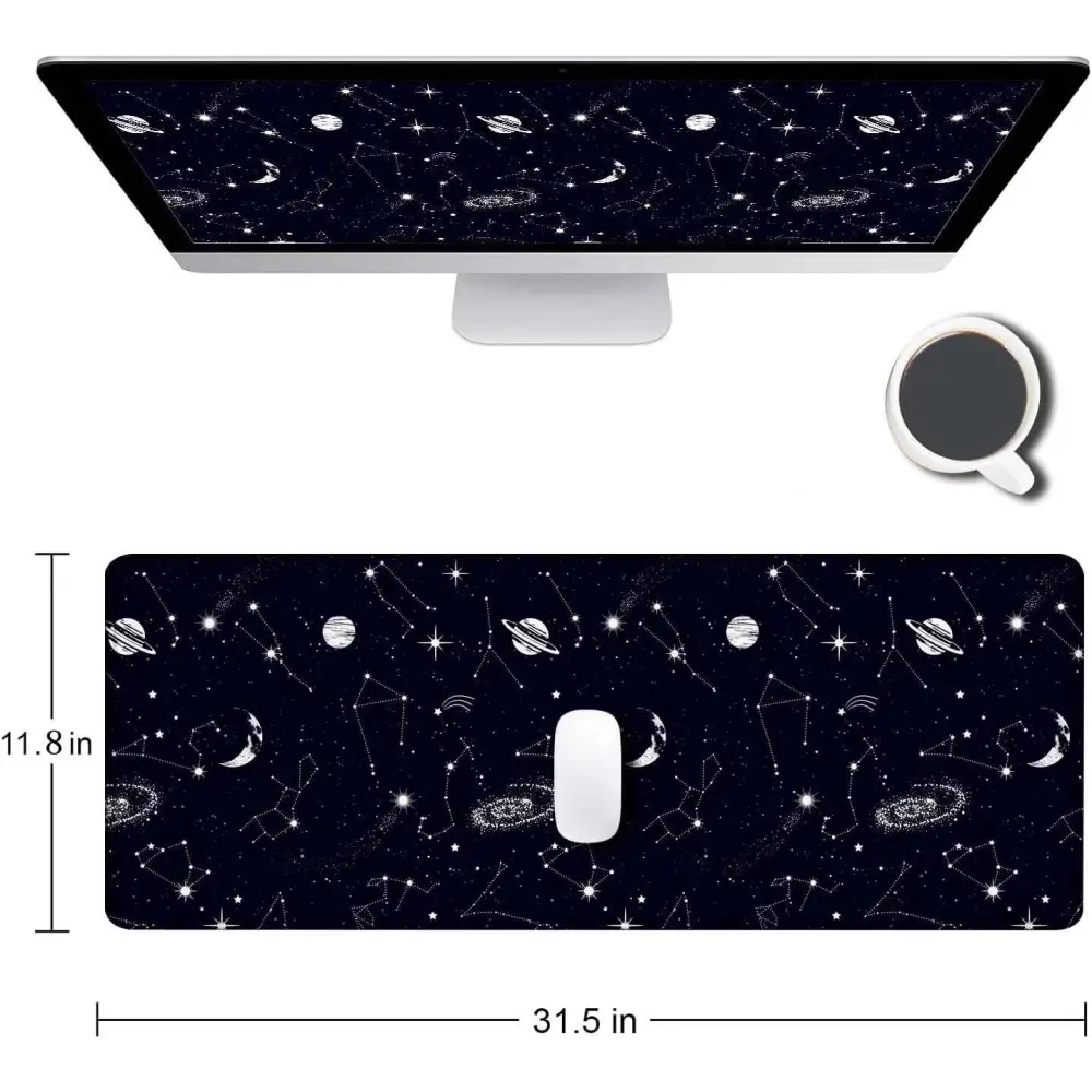 Large Gaming Mouse Pad - Extended Keyboard Pad with Stitched Edges | Black Constellation Design Mousepad