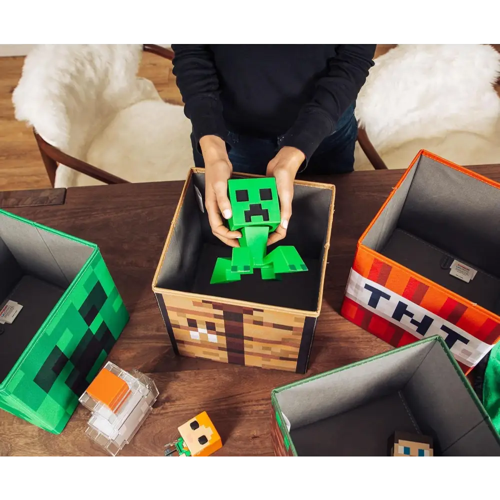Minecraft 10-Inch Storage Set of 4 Bins | Includes Creeper, TNT, Grass, Crafting Table | Fabric Basket Container, Cubby Closet Organizer, Home Decor for Playroom | Video Game Gifts And Collectibles