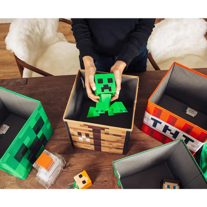 Minecraft 10-Inch Storage Set of 4 Bins | Includes Creeper, TNT, Grass, Crafting Table | Fabric Basket Container, Cubby Closet Organizer, Home Decor for Playroom | Video Game Gifts And Collectibles