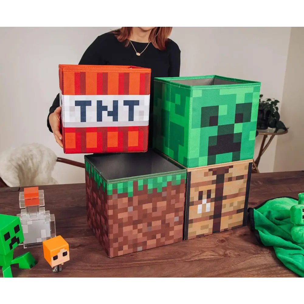 Minecraft 10-Inch Storage Set of 4 Bins | Includes Creeper, TNT, Grass, Crafting Table | Fabric Basket Container, Cubby Closet Organizer, Home Decor for Playroom | Video Game Gifts And Collectibles